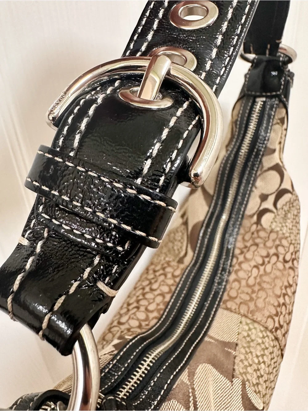 Coach Soho Crescent Hobo Bag Patchwork Black Patent Leather Y2K